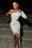 Reflection | White Embellished One Sleeve Cut-Out Split Maxi Dress sold by Club L London