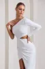 Reflection | White Embellished One Sleeve Cut-Out Split Maxi Dress sold by Club L London