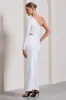Reflection | White Embellished One Sleeve Cut-Out Split Maxi Dress sold by Club L London
