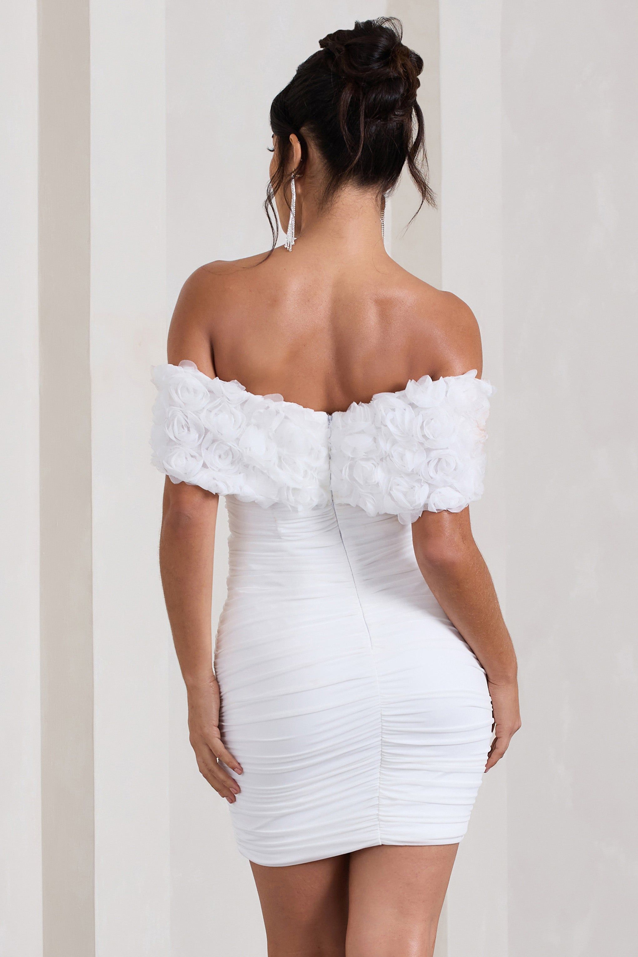 Pass A Glass | White Ruched Bardot Mini Dress With Flowers sold by Club L London product image thumbnail 2