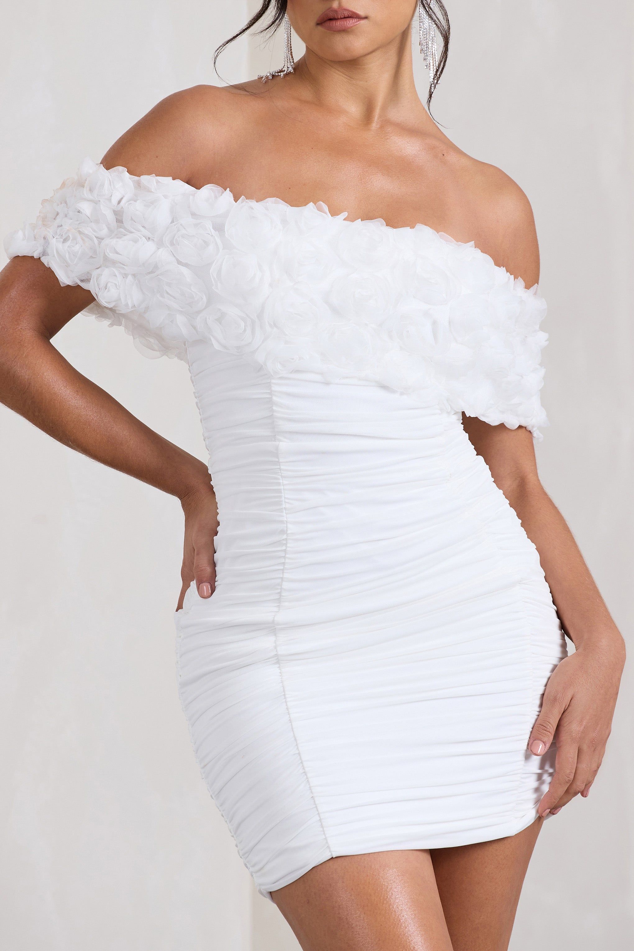 Pass A Glass | White Ruched Bardot Mini Dress With Flowers sold by Club L London product image thumbnail 3