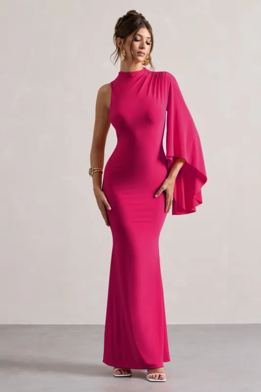 Samaya | Pink High-Neck Cape-Sleeve Maxi Dress sold by Club L London