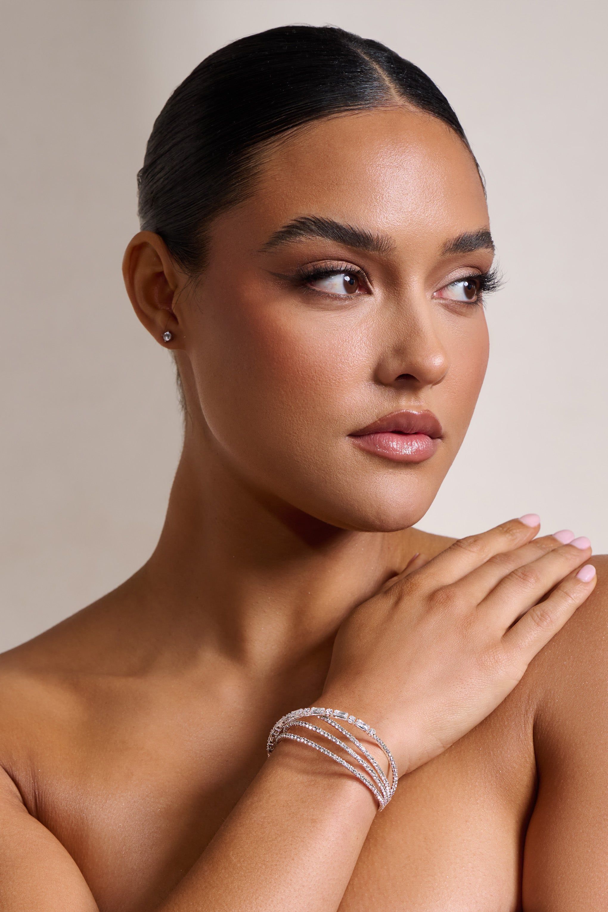 Libby | Silver Diamante Pendant Layered Cuff Bracelet sold by Club L London