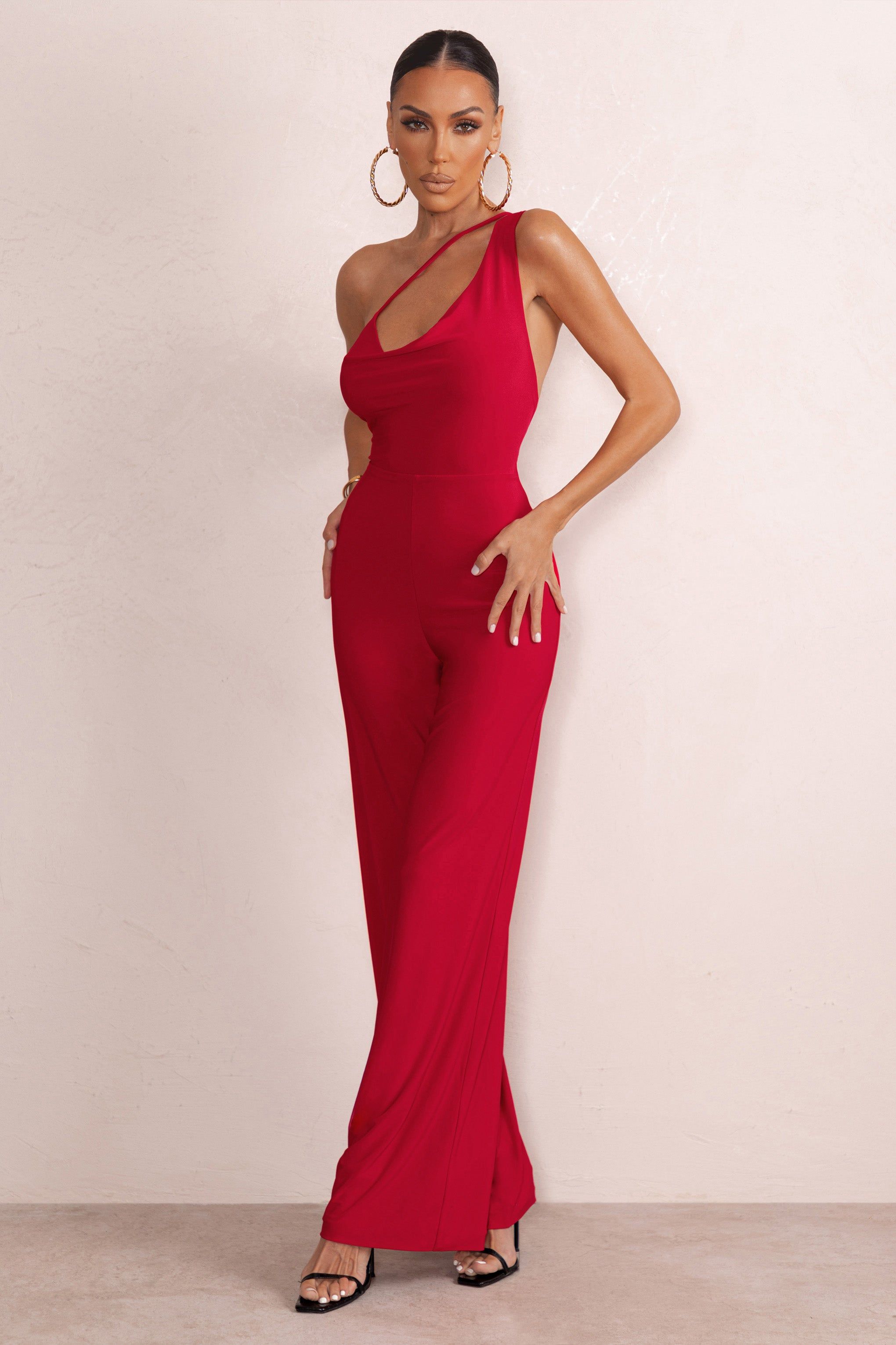 Vienna | Red Asymmetric Cowl Neck Wide Leg Jumpsuit With Open Back Detail sold by Club L London product image thumbnail 4
