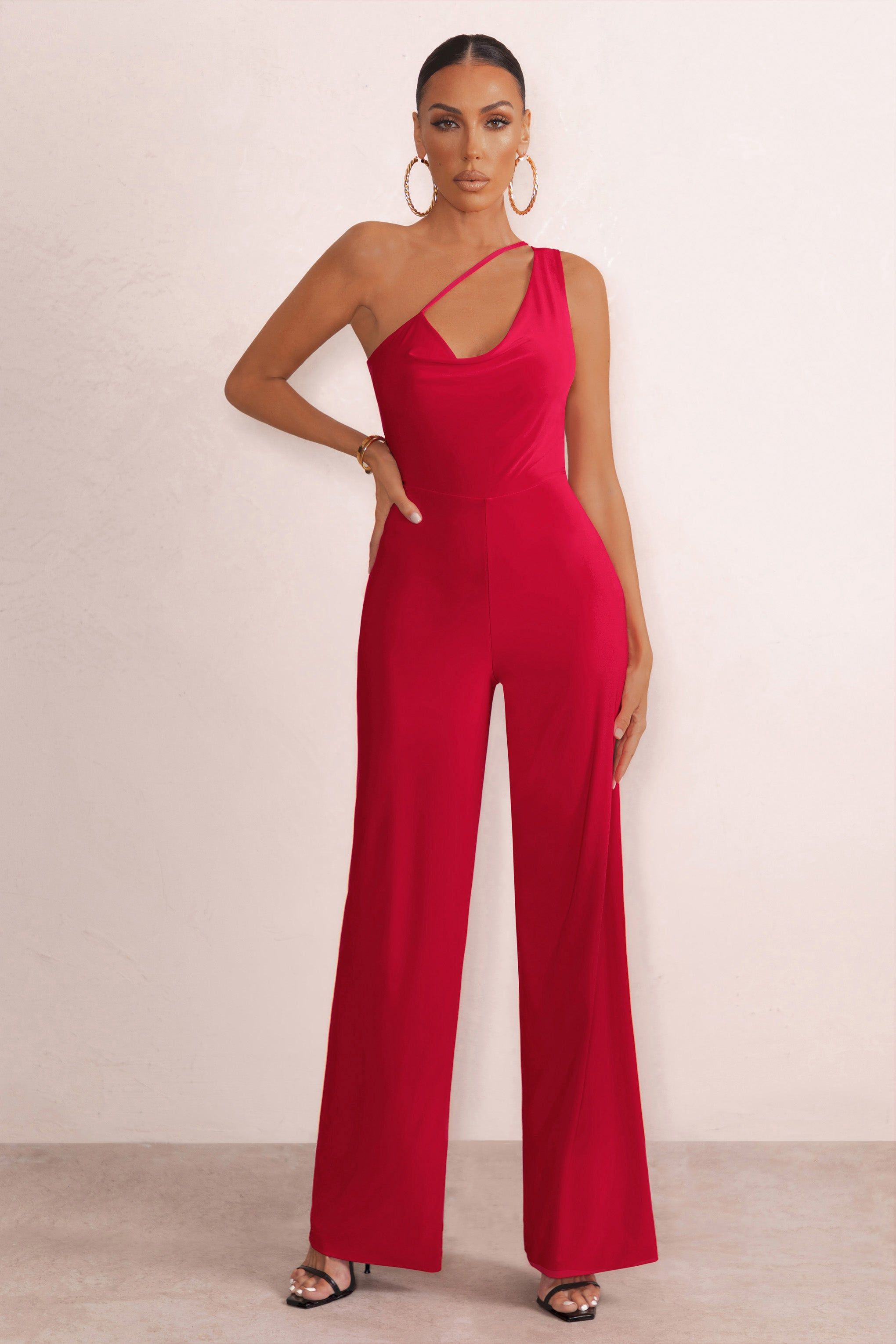 Vienna | Red Asymmetric Cowl Neck Wide Leg Jumpsuit With Open Back Detail sold by Club L London product image thumbnail 5