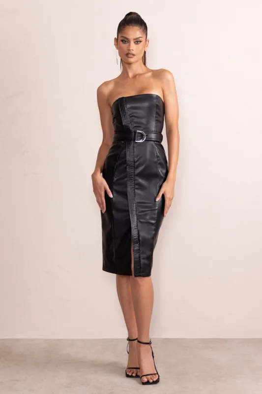 Josephine | Black Faux Leather Wrap Bandeau Midi Dress With Belt Detail sold by Club L London