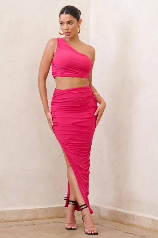 Moon Star | Hot Pink Side Split Ruched Maxi Skirt sold by Club L London
