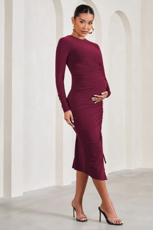 Eternal | Berry Long-Sleeved Split Maternity Midi Dress sold by Club L London