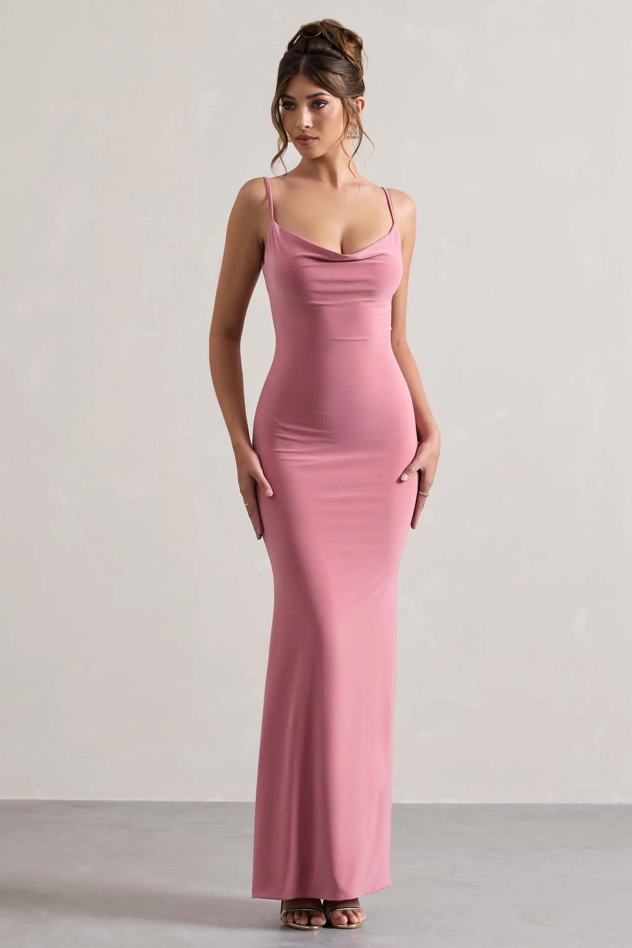 Francoise | Blush Cowl Neck Backless Maxi Dress With Lace Insert sold by Club L London product image thumbnail 4
