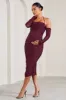 Pixie | Burgundy Ruched Long-Sleeved Halter-Neck Maternity Midi Dress sold by Club L London