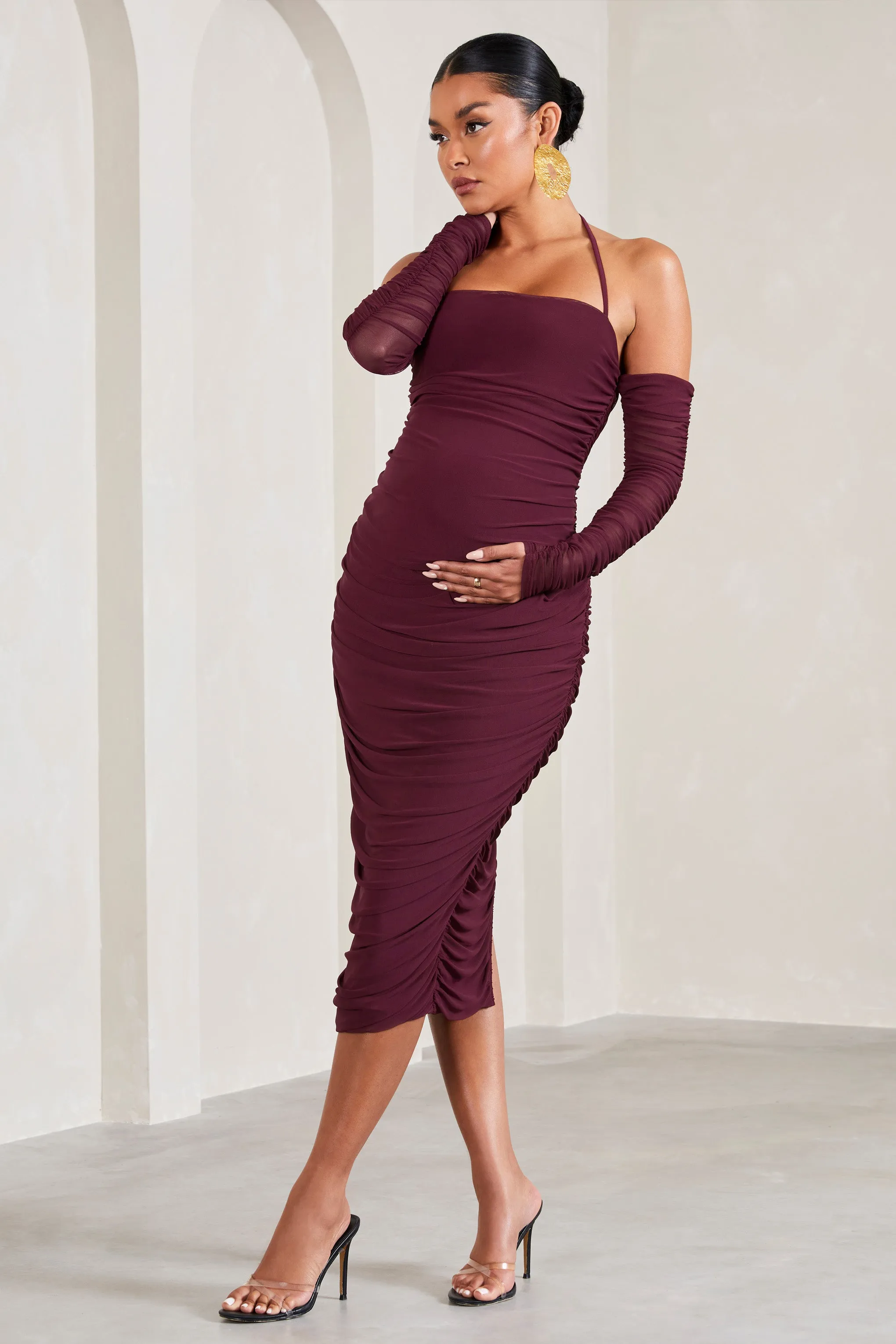 Pixie | Burgundy Ruched Long-Sleeved Halter-Neck Maternity Midi Dress sold by Club L London product image thumbnail 4