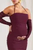Pixie | Burgundy Ruched Long-Sleeved Halter-Neck Maternity Midi Dress sold by Club L London