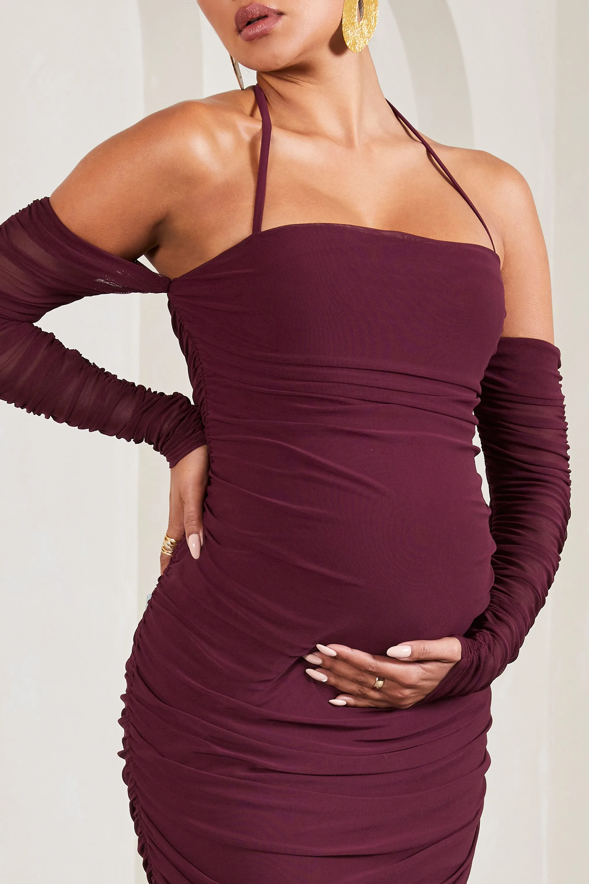 Pixie | Burgundy Ruched Long-Sleeved Halter-Neck Maternity Midi Dress sold by Club L London product image thumbnail 3