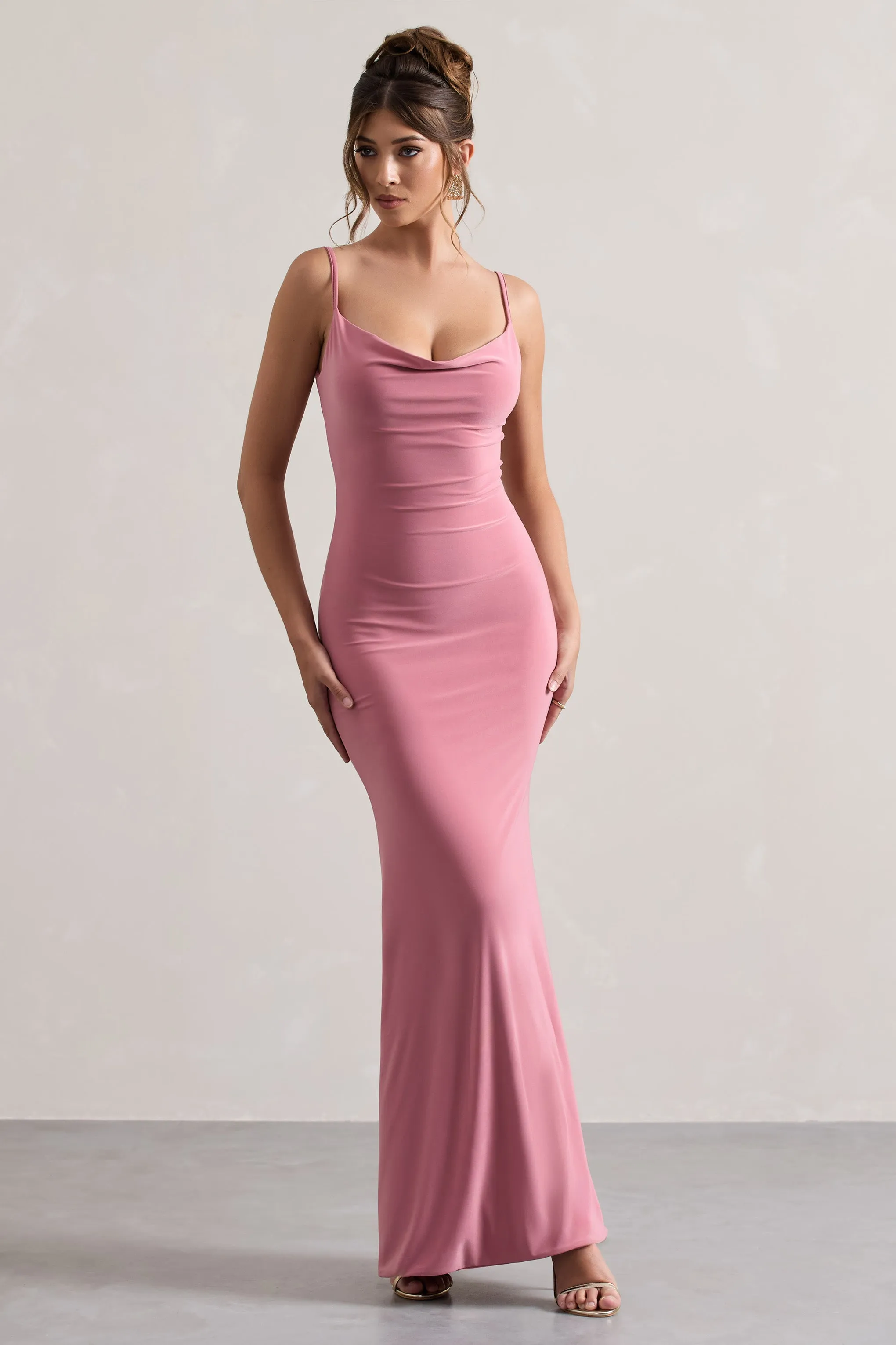 Francoise | Blush Cowl Neck Backless Maxi Dress With Lace Insert sold by Club L London product image thumbnail 5