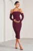 Pixie | Burgundy Ruched Long-Sleeved Halter-Neck Maternity Midi Dress sold by Club L London