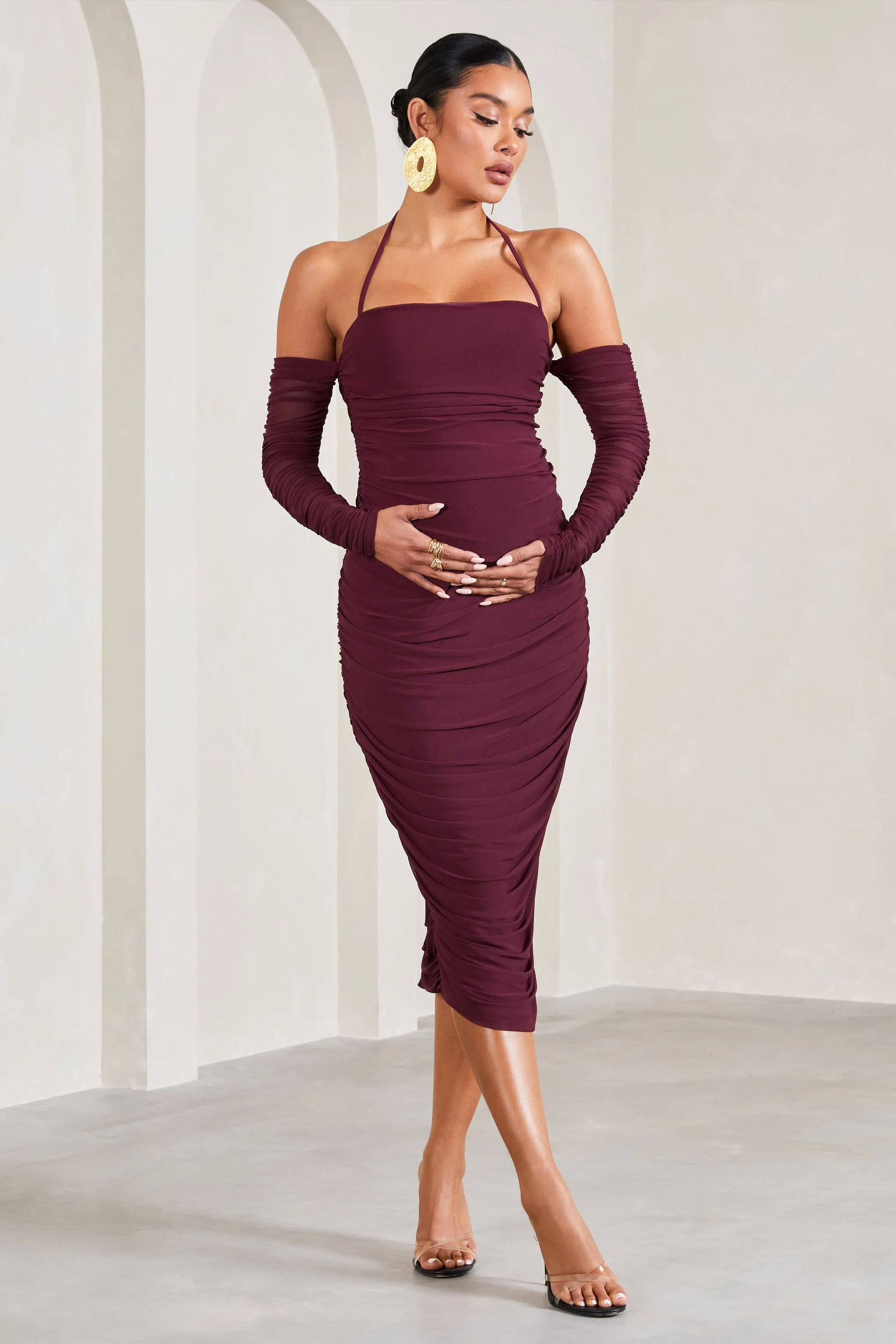 Pixie | Burgundy Ruched Long-Sleeved Halter-Neck Maternity Midi Dress sold by Club L London