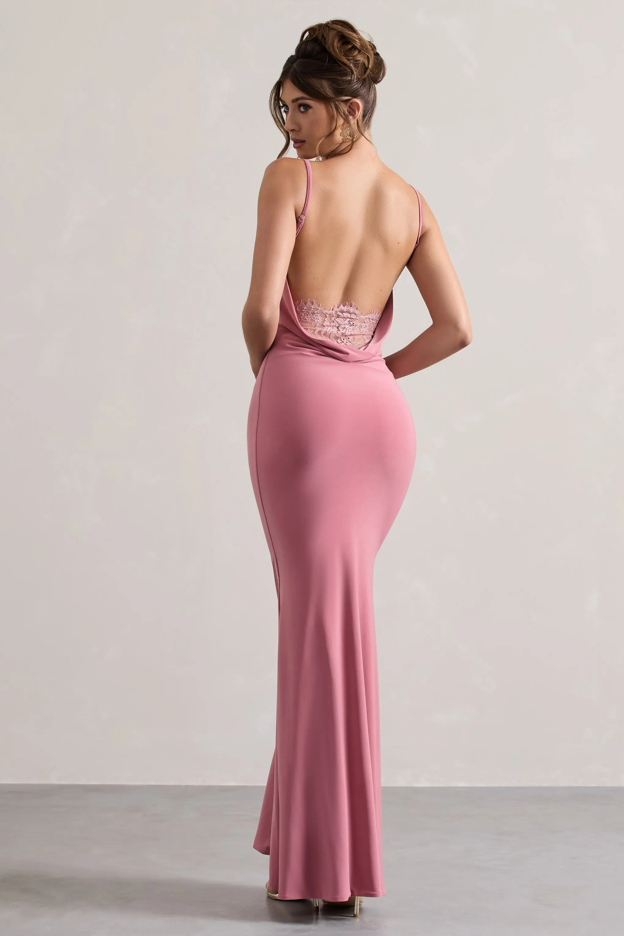 Francoise | Blush Cowl Neck Backless Maxi Dress With Lace Insert sold by Club L London