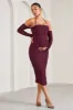 Pixie | Burgundy Ruched Long-Sleeved Halter-Neck Maternity Midi Dress sold by Club L London