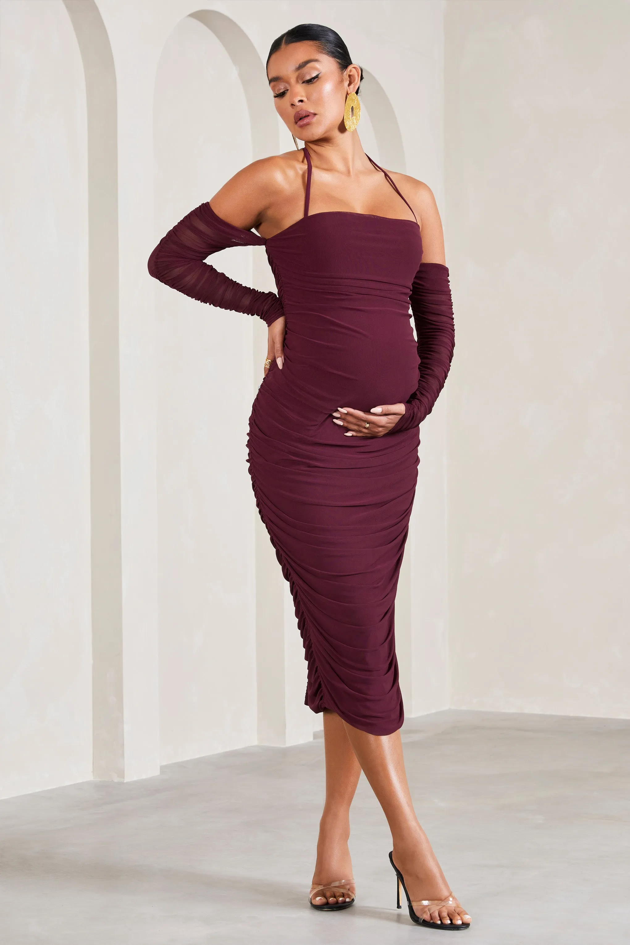 Pixie | Burgundy Ruched Long-Sleeved Halter-Neck Maternity Midi Dress sold by Club L London product image thumbnail 5