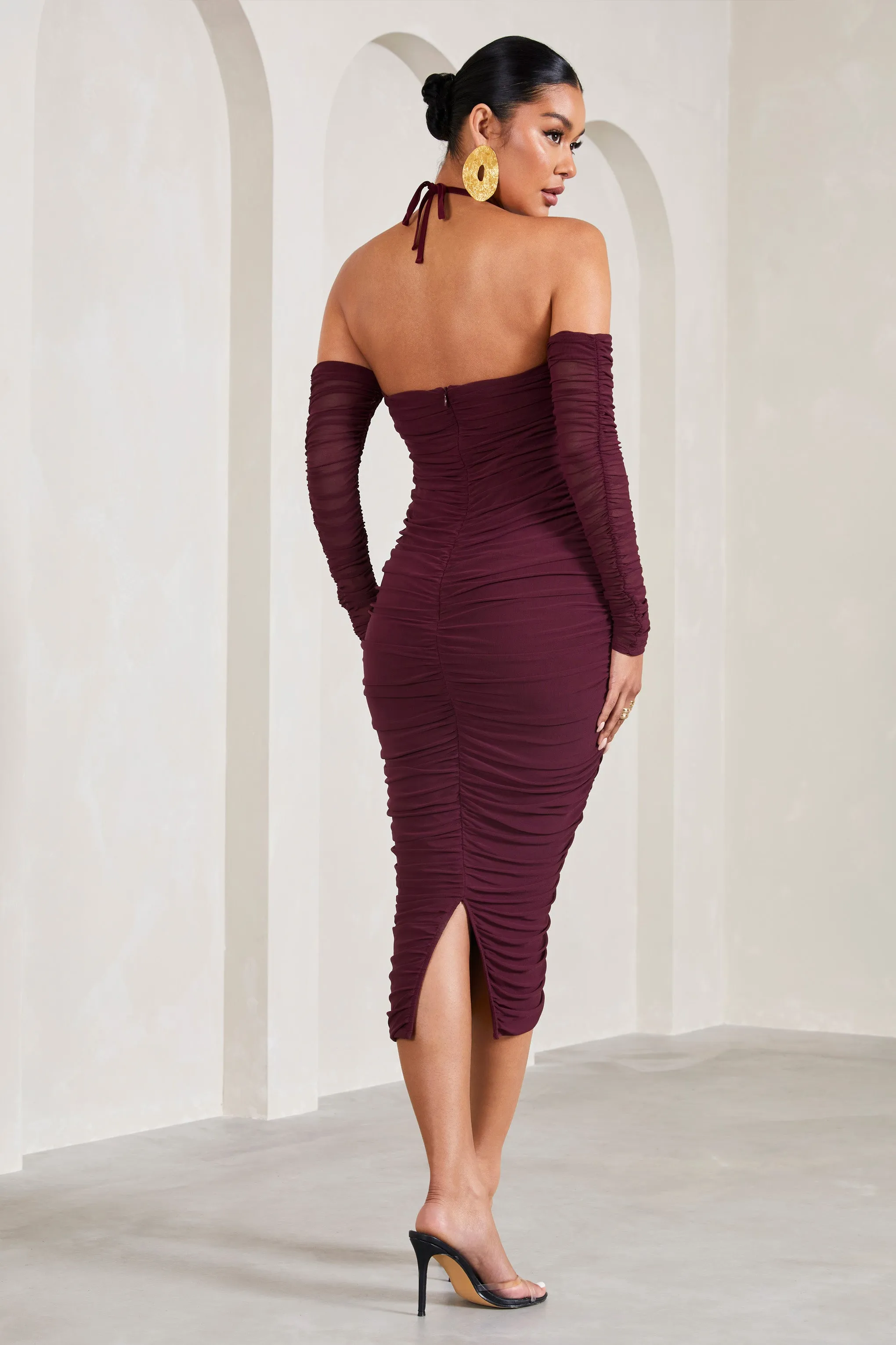 Pixie | Burgundy Ruched Long-Sleeved Halter-Neck Maternity Midi Dress sold by Club L London product image thumbnail 2