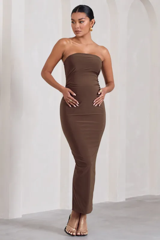 Juniper | Chocolate Brown Strapless Maternity Maxi Dress sold by Club L London