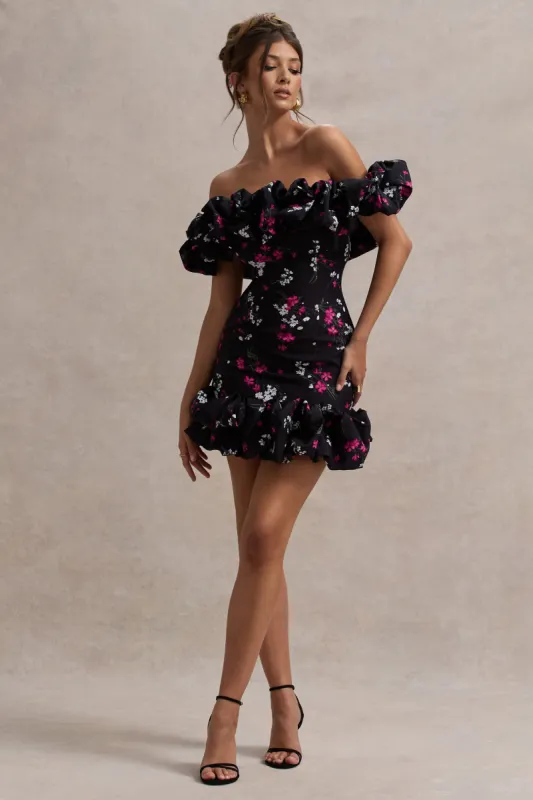 Lindo | Black Ditsy Floral Print Ruffled Bardot Mini Dress sold by Club L London