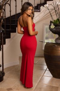 Belle of The Ball | Red Bandeau Maxi With Split Hem sold by Club L London