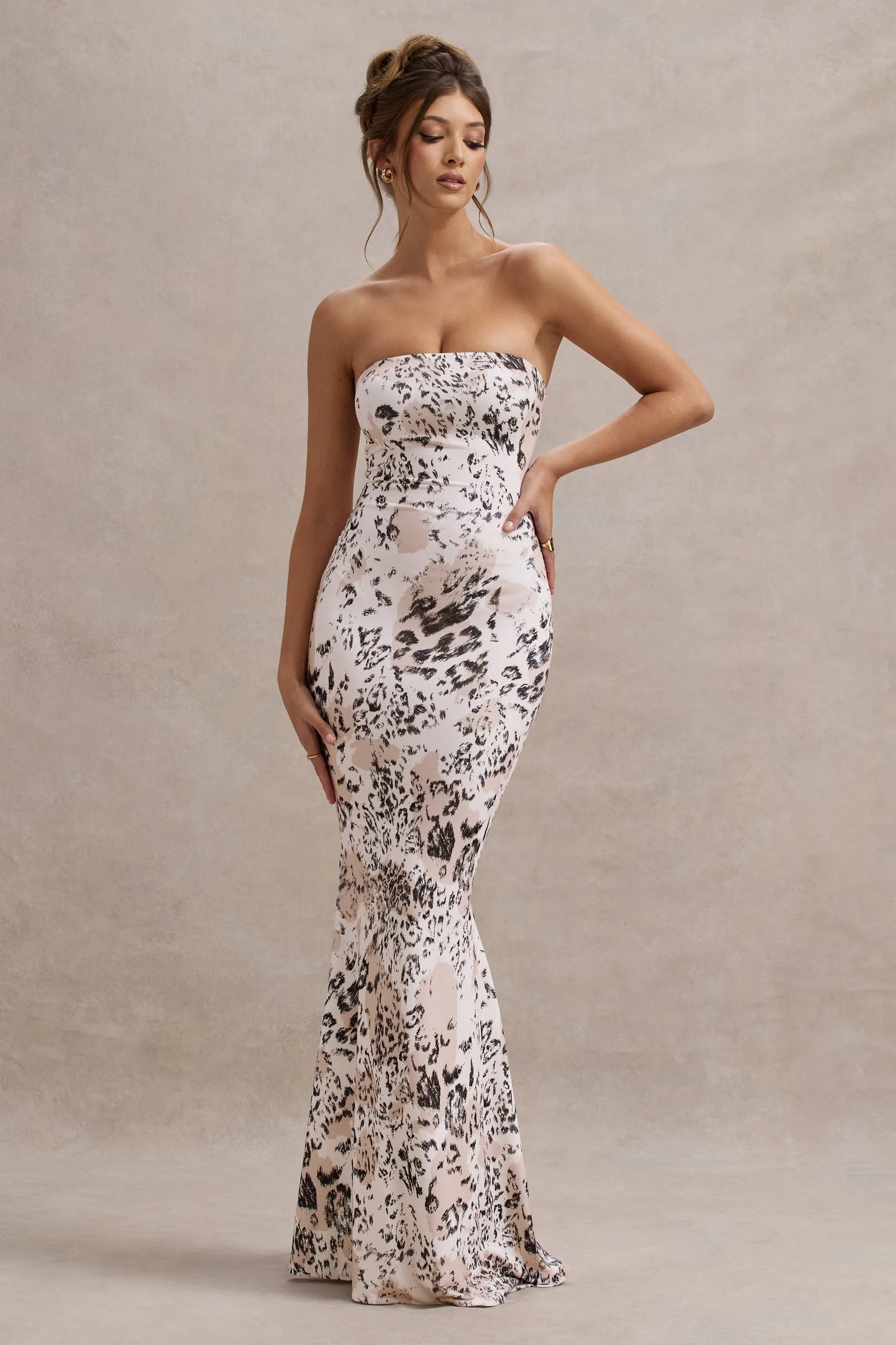 Ceremony | Leopard Print Bandeau Fishtail Maxi Dress sold by Club L London