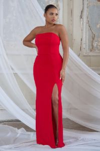 Belle of The Ball | Red Bandeau Maxi With Split Hem sold by Club L London