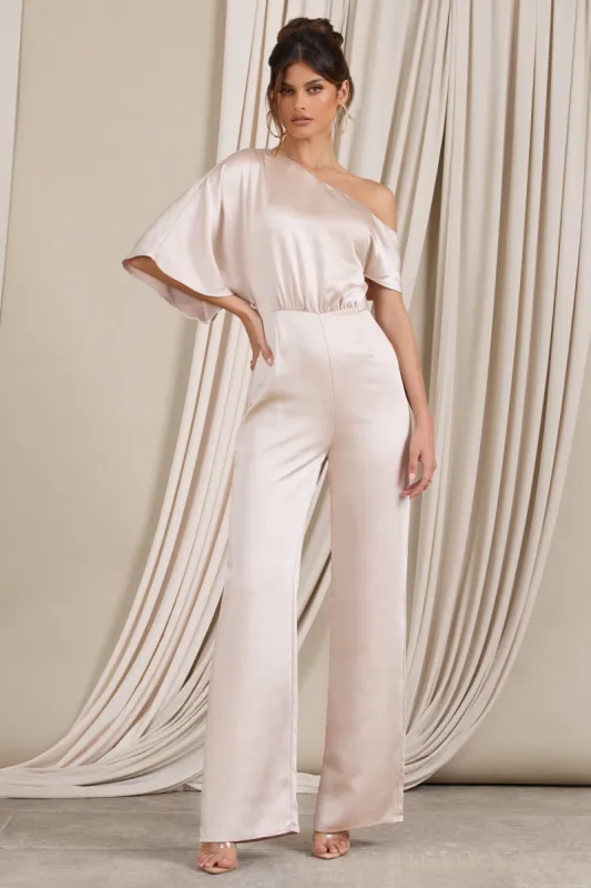 Marvellous | Champagne Satin Asymmetric Flared-Leg Jumpsuit sold by Club L London