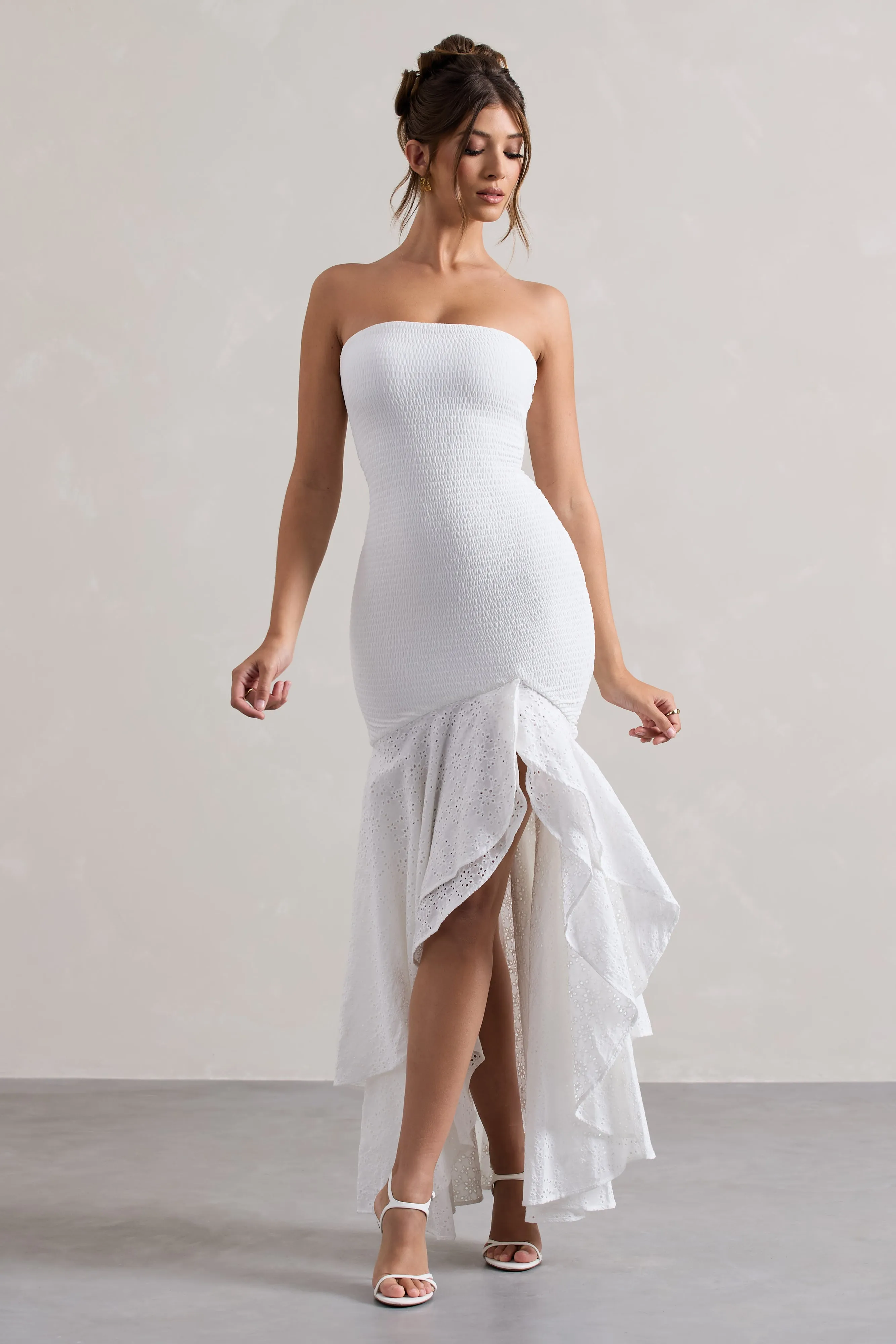 Solange | White Broderie Bandeau High-Low Maxi Dress sold by Club L London product image thumbnail 2