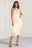 Dazzling | Cream Satin Cross Over Halter Neck Midi Dress sold by Club L London