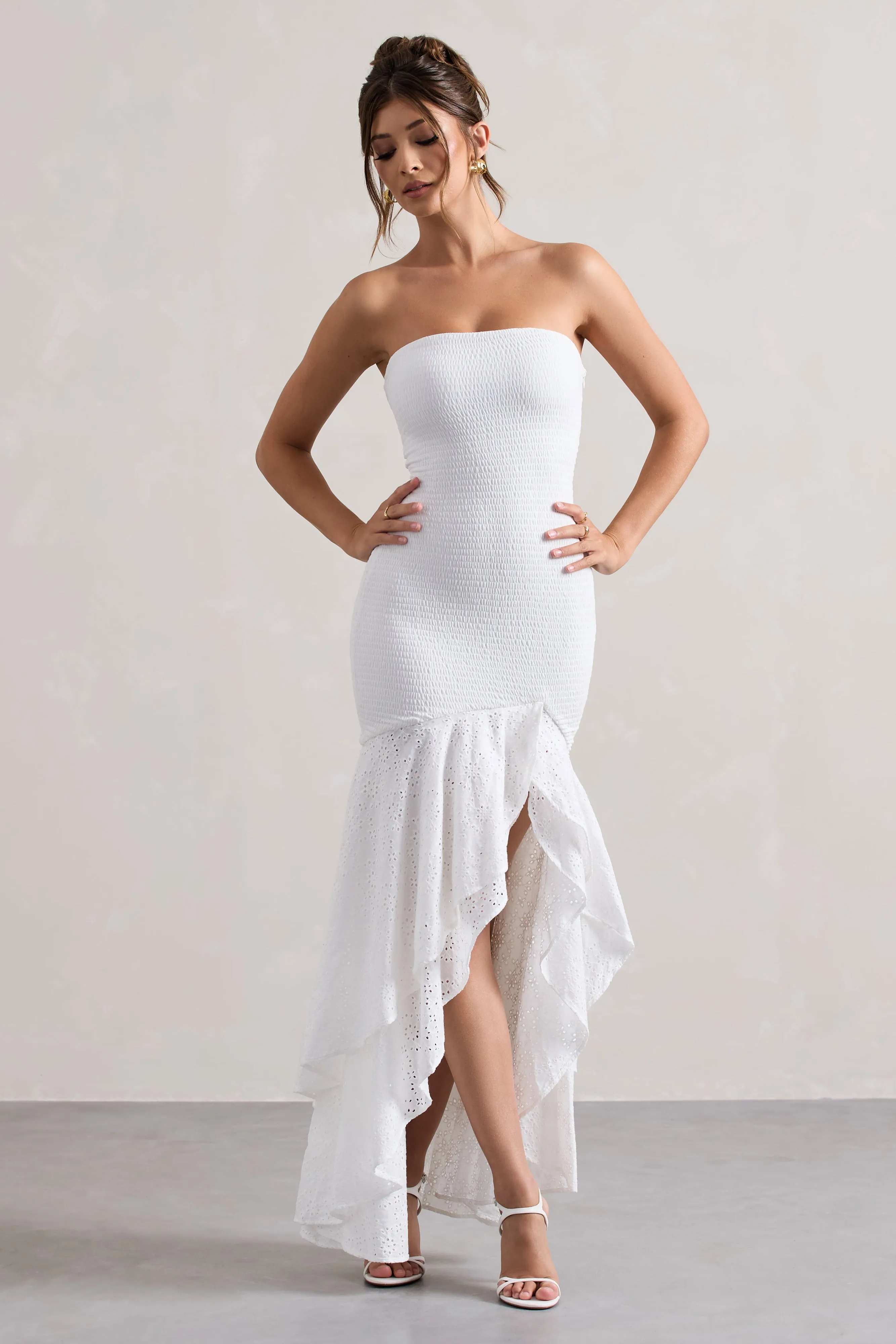 Solange | White Broderie Bandeau High-Low Maxi Dress sold by Club L London product image thumbnail 5