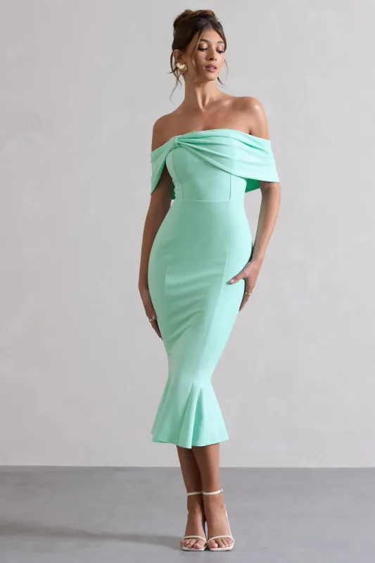 Lydia | Mint Bardot Bow Detail Midi Dress sold by Club L London