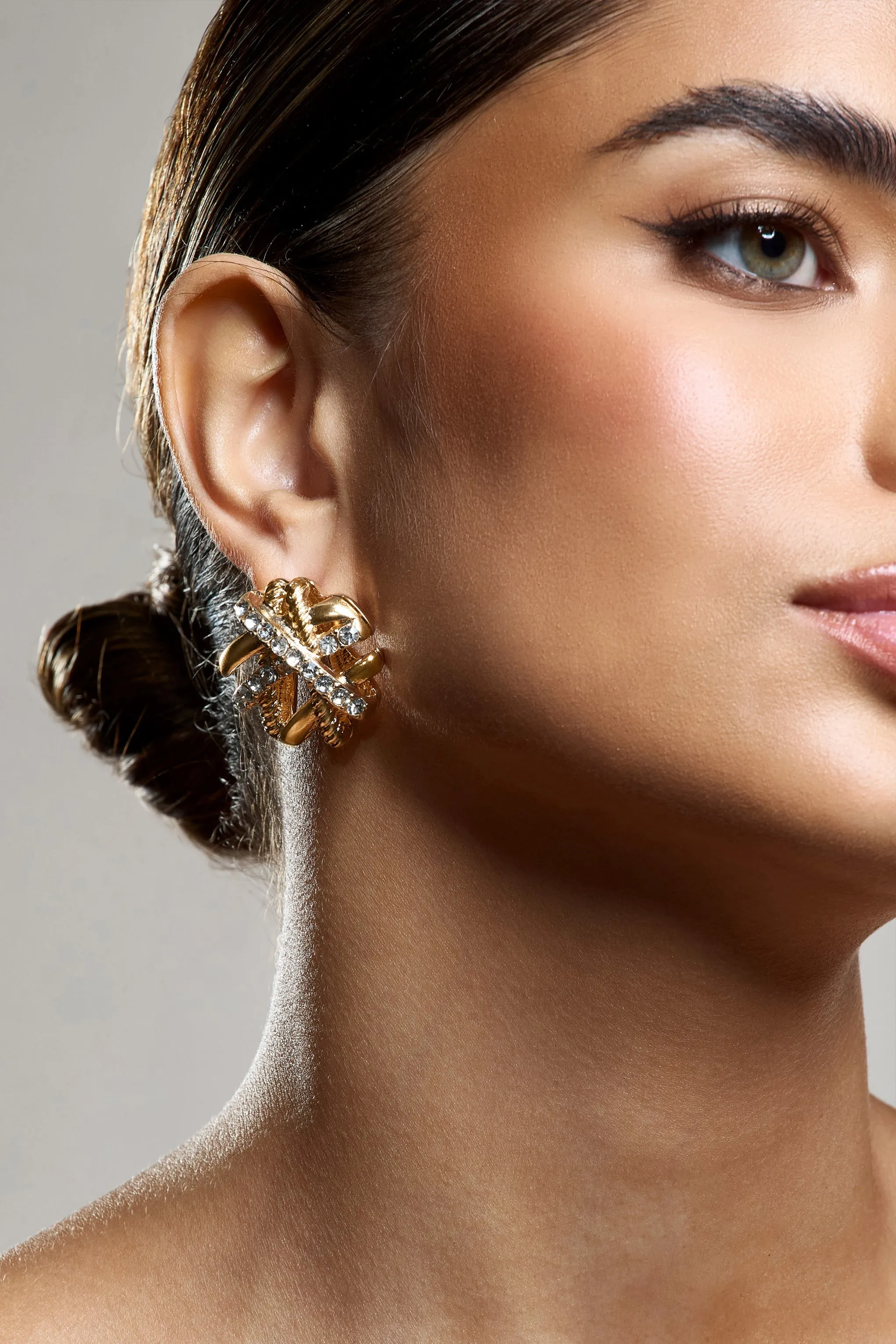 In Secret | Gold Diamante Abstract Statement Earrings sold by Club L London product image thumbnail 3