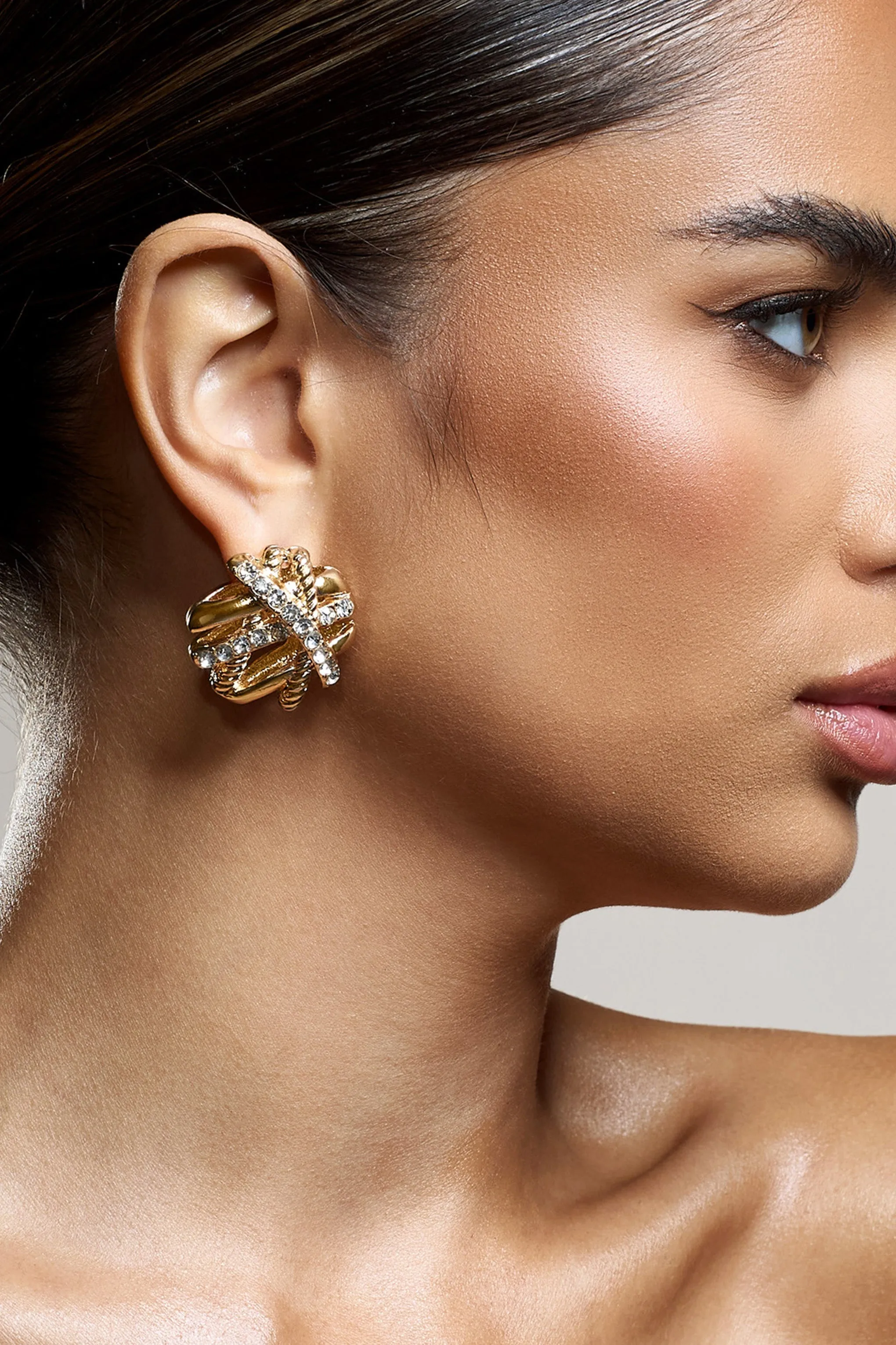 In Secret | Gold Diamante Abstract Statement Earrings sold by Club L London product image thumbnail 4