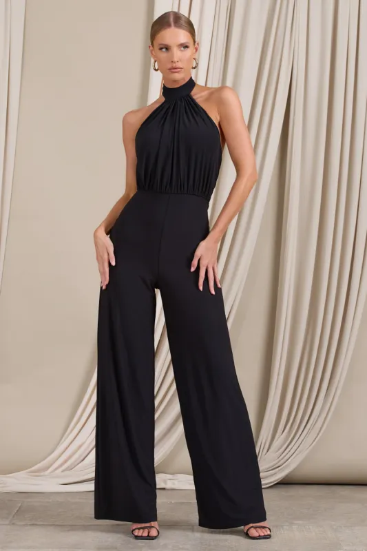 Maddie | Black Backless Halter Neck Ruched Jumpsuit sold by Club L London