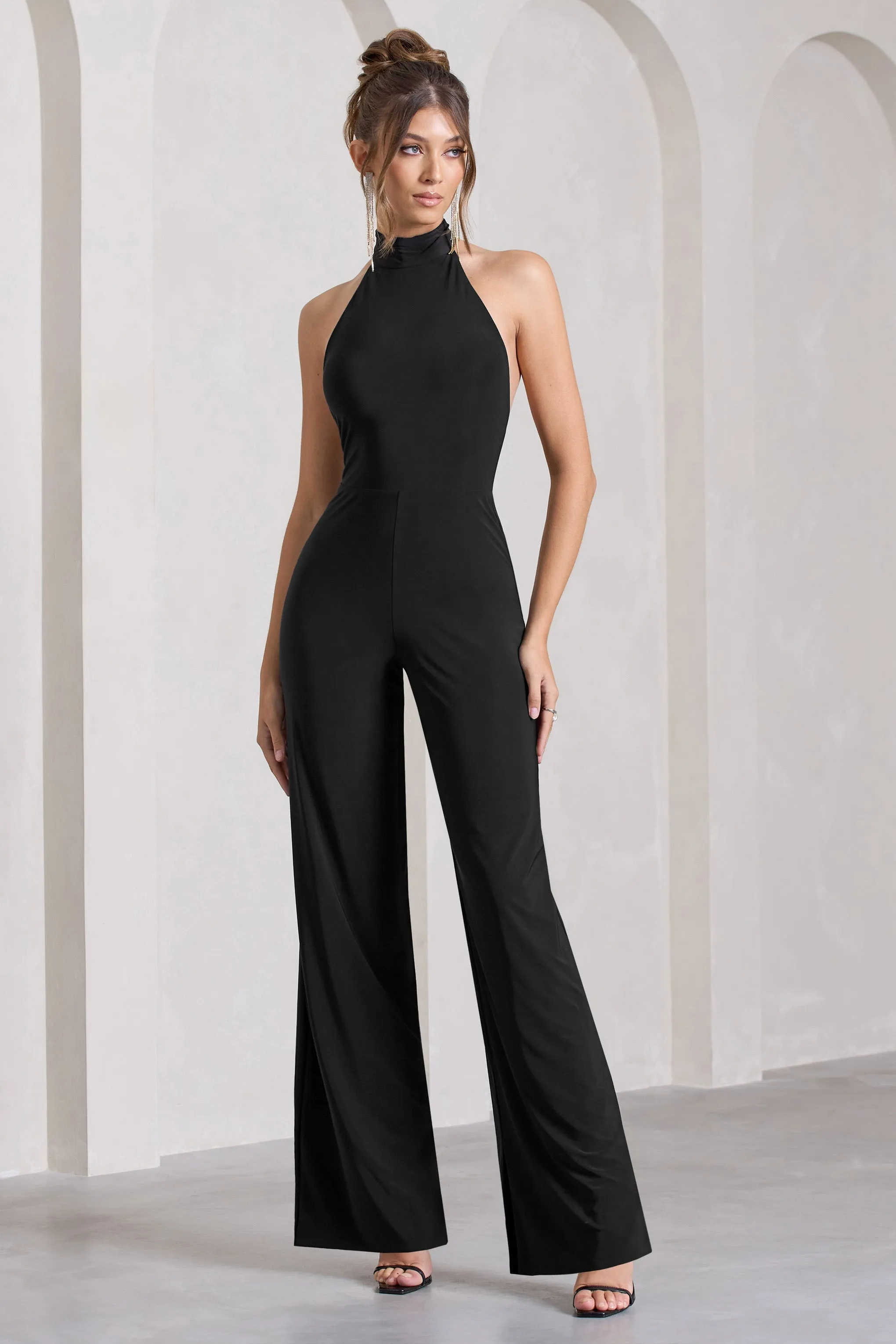 Marcy | Black Halter-Neck Backless Wide-Leg Jumpsuit sold by Club L London product image thumbnail 4