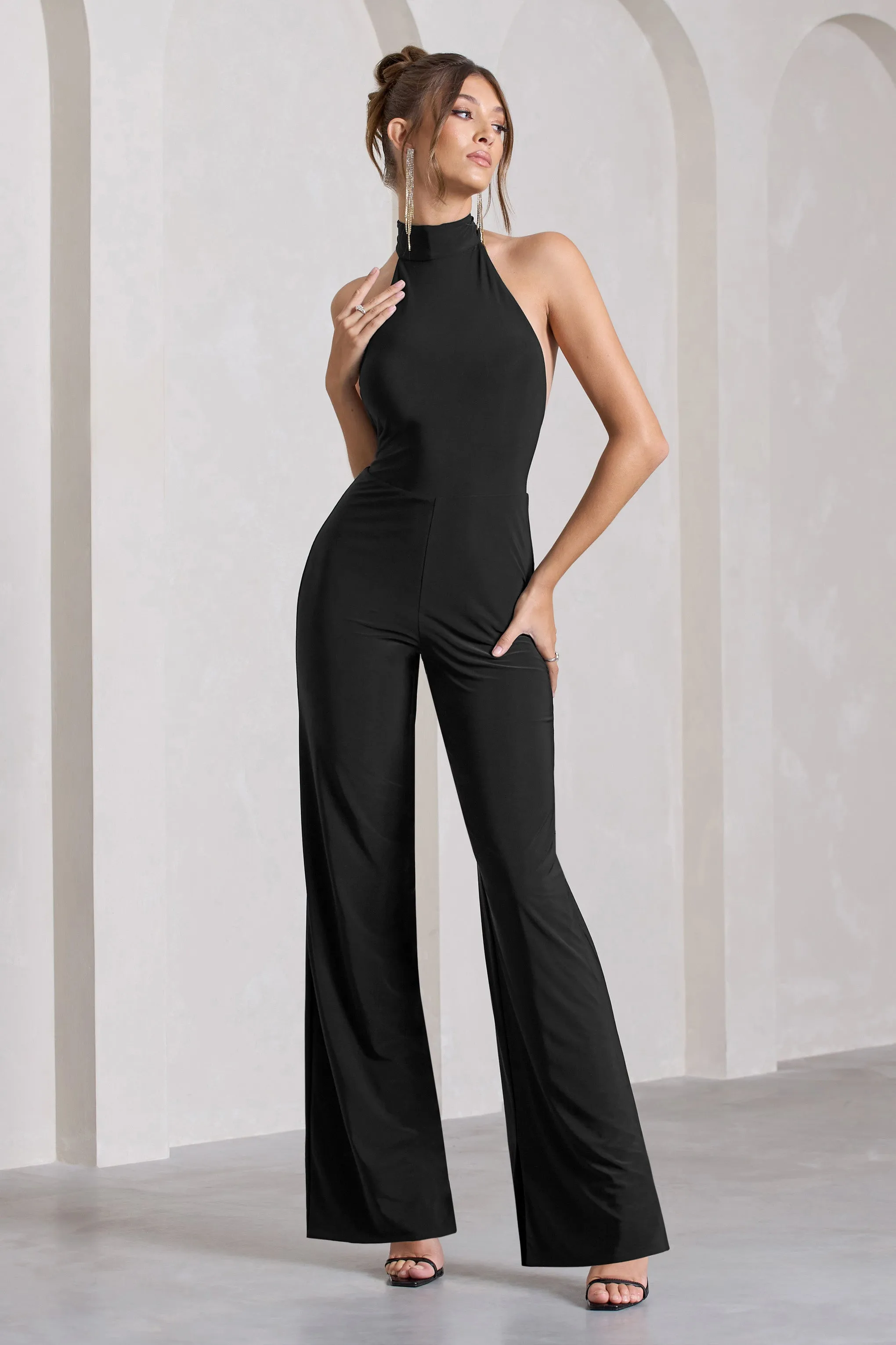Marcy | Black Halter-Neck Backless Wide-Leg Jumpsuit sold by Club L London