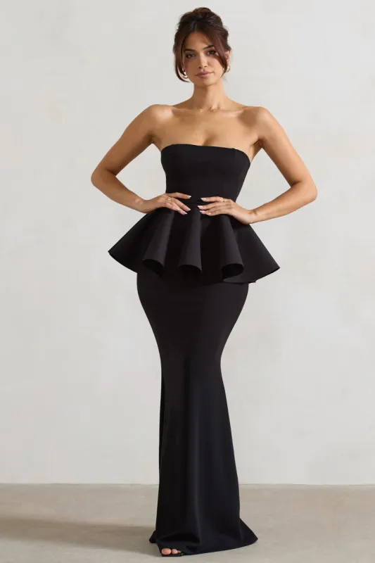 Louisiana | Black Bandeau Peplum Maxi Dress sold by Club L London