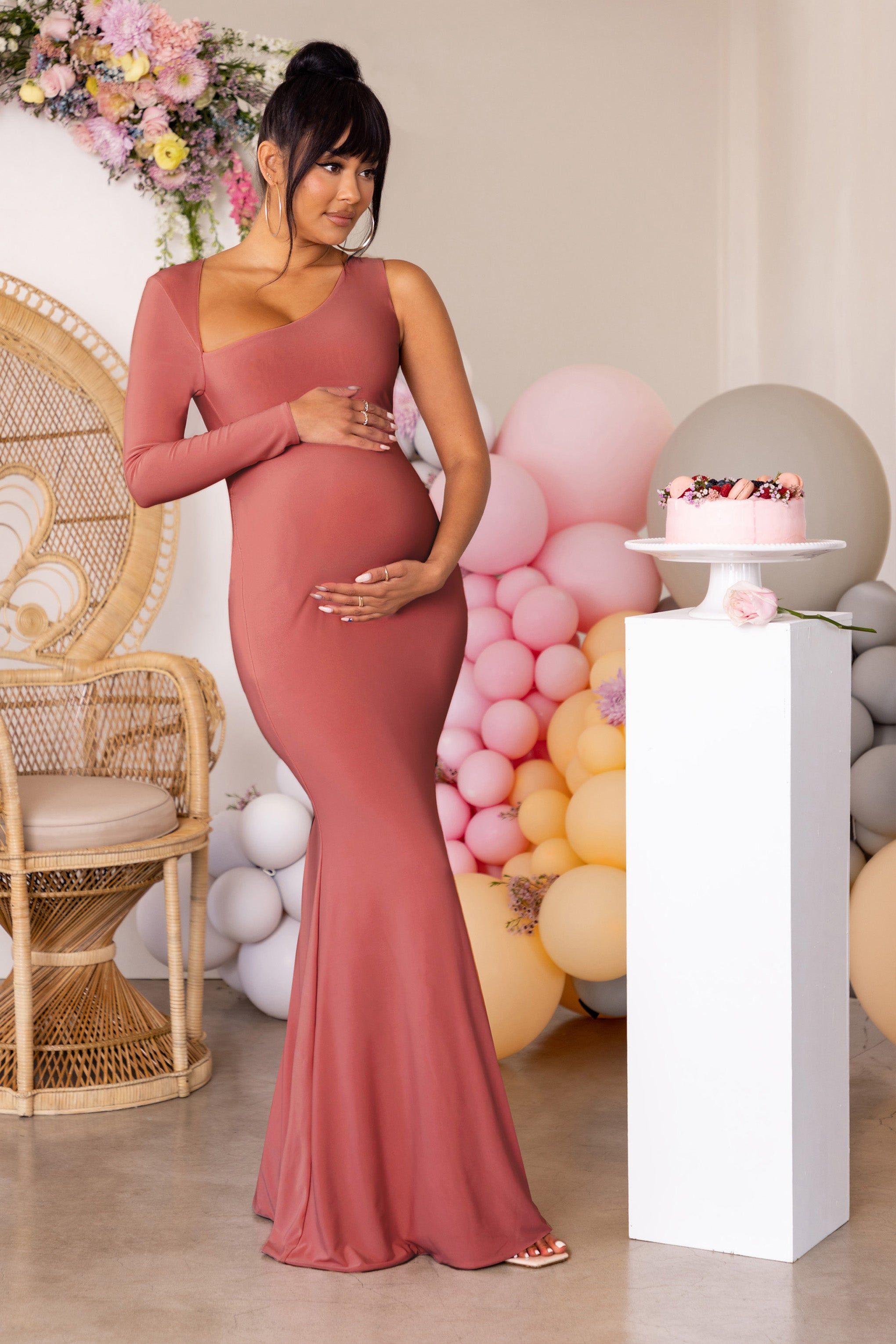 Oh Baby | Dusty Pink Maternity One Shoulder Cut Out Maxi Dress sold by Club L London