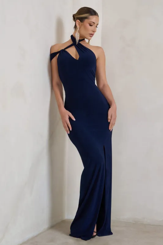 Clementine | Navy Asymmetric Neckline Maxi Dress With Thigh Split sold by Club L London