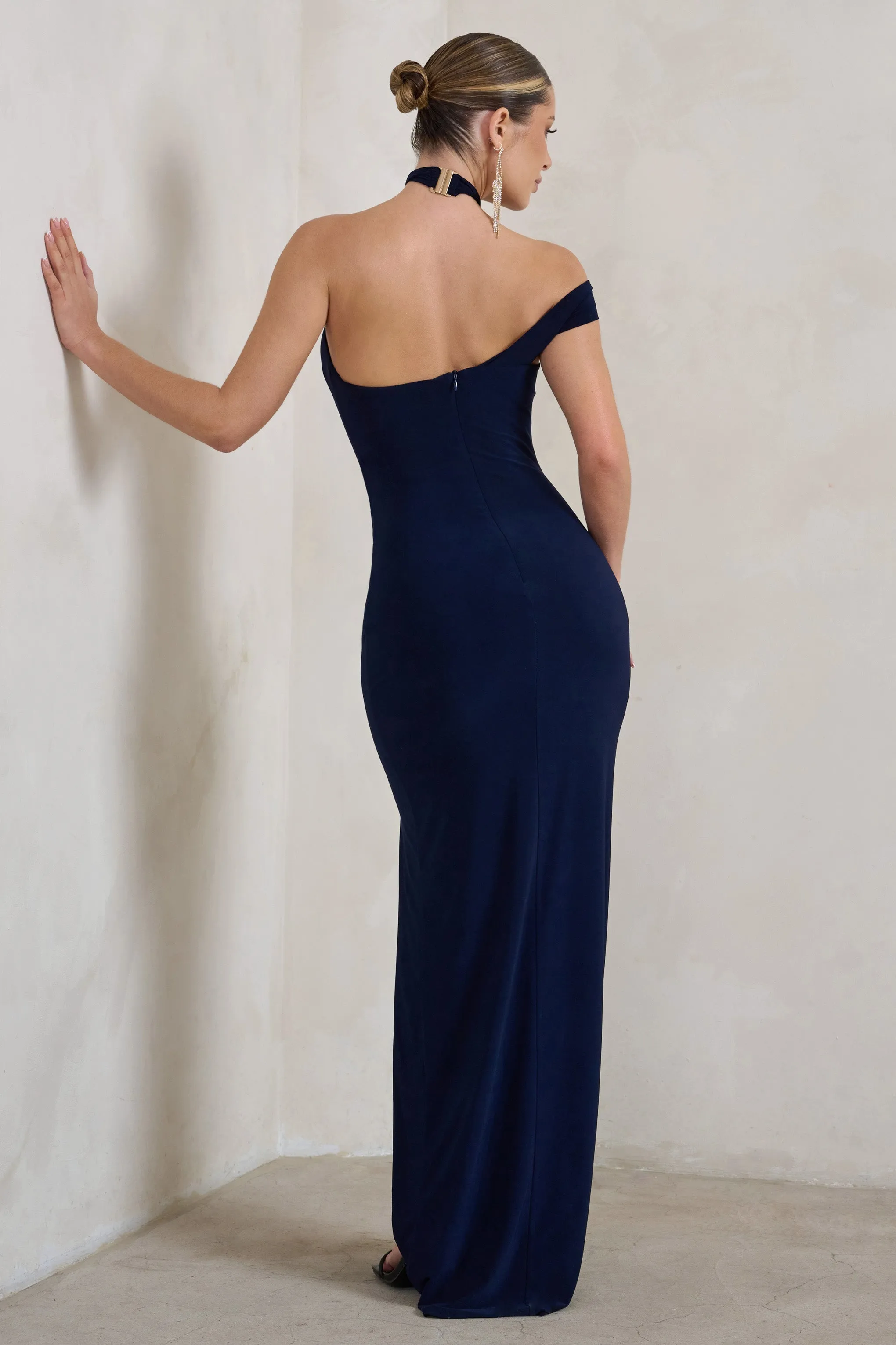 Clementine | Navy Asymmetric Neckline Maxi Dress With Thigh Split sold by Club L London product image thumbnail 2