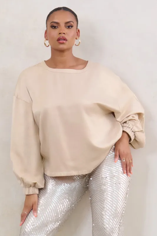 Smooth Talk | Plus Champagne Oversized Long Sleeve Satin Top sold by Club L London