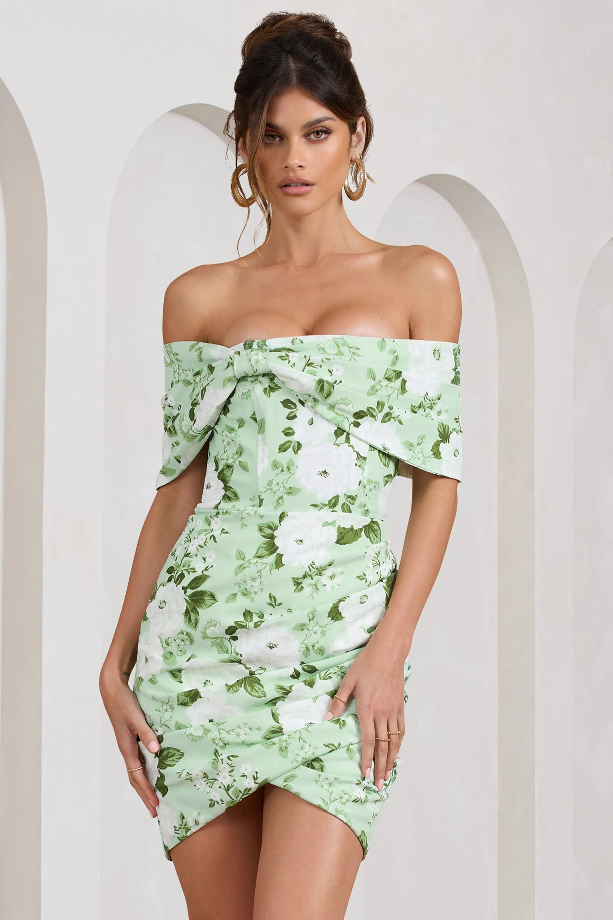 Snowdrop | White & Green Floral Print Wrap Mini Dress sold by Club L London product image thumbnail 5