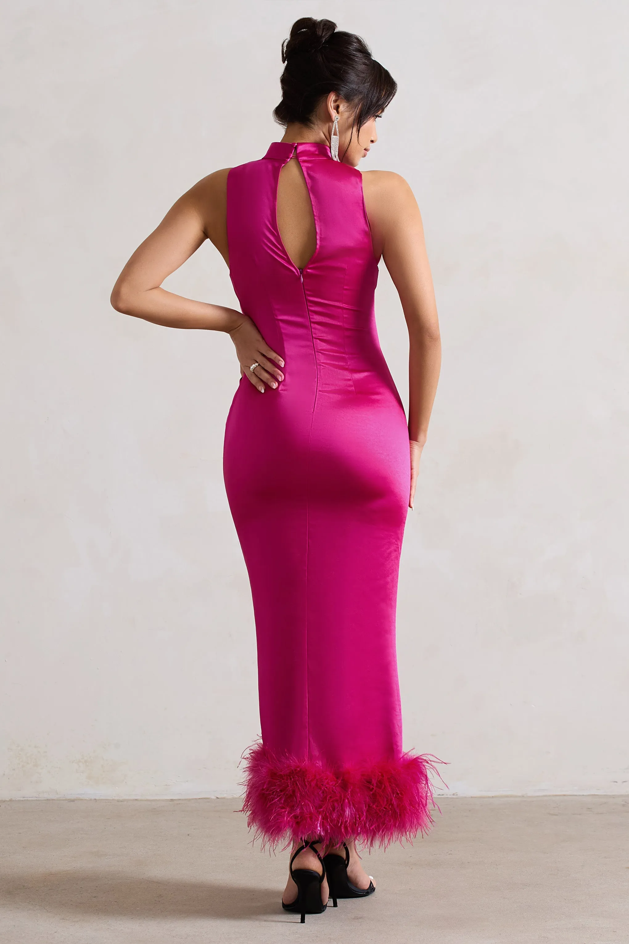 Zoe | Dark Pink Satin Twist Split Maxi Dress With Feather Trim sold by Club L London product image thumbnail 5