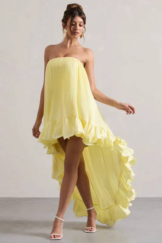 Whistler | Lemon Chiffon Bandeau High-Low Ruffled Maxi Dress sold by Club L London