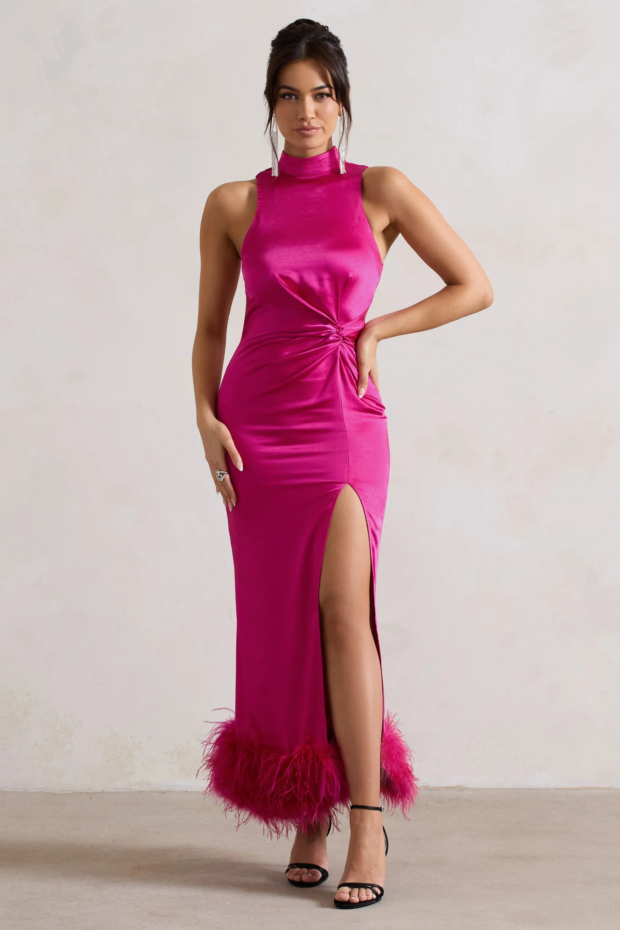Zoe | Dark Pink Satin Twist Split Maxi Dress With Feather Trim sold by Club L London