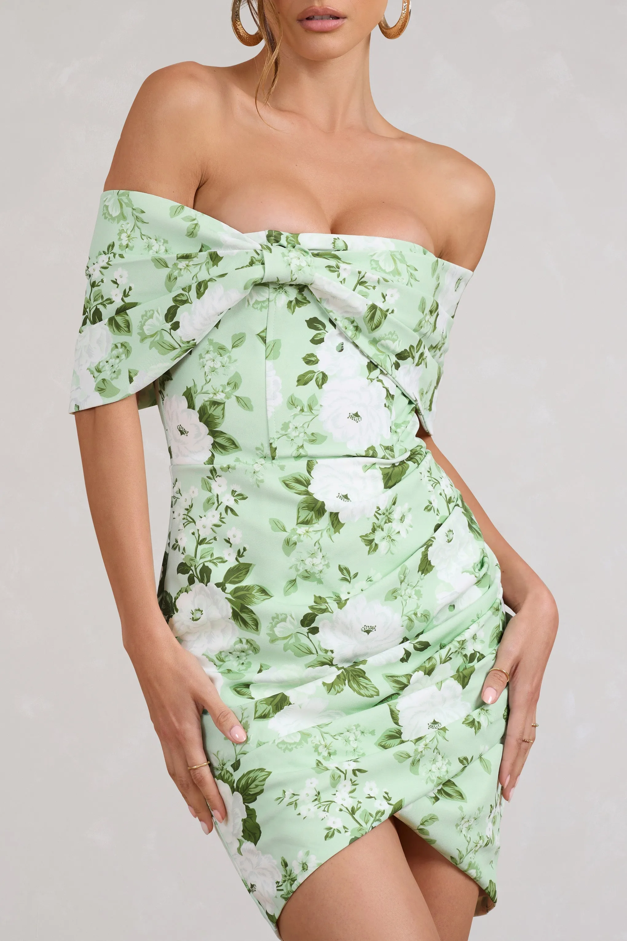 Snowdrop | White & Green Floral Print Wrap Mini Dress sold by Club L London product image thumbnail 3