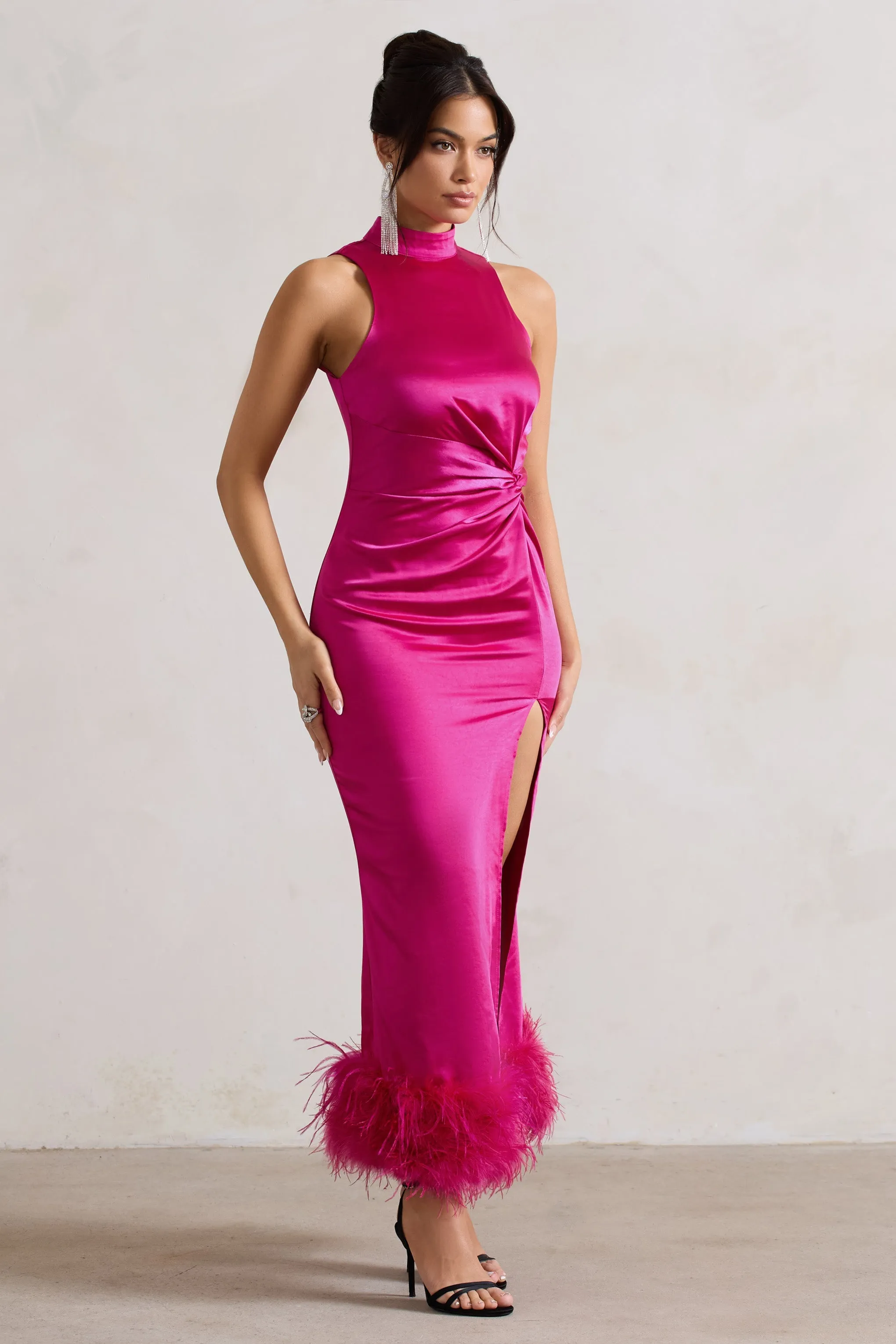 Zoe | Dark Pink Satin Twist Split Maxi Dress With Feather Trim sold by Club L London product image thumbnail 4